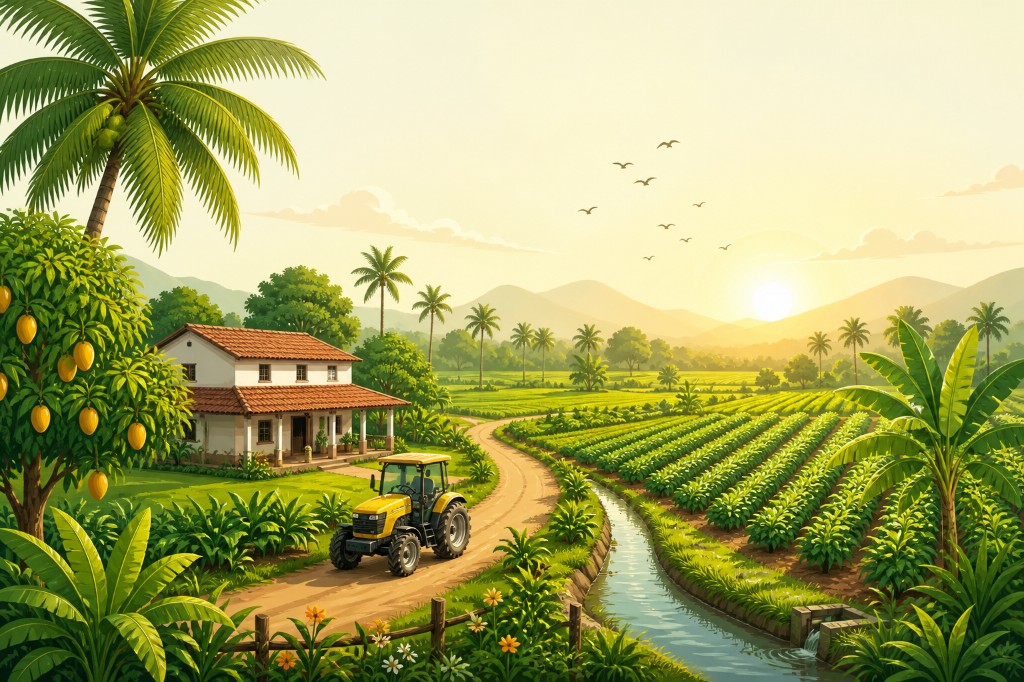 Farmland artwork used on the Dishan Farms portal. This is not a photograph of a company site.